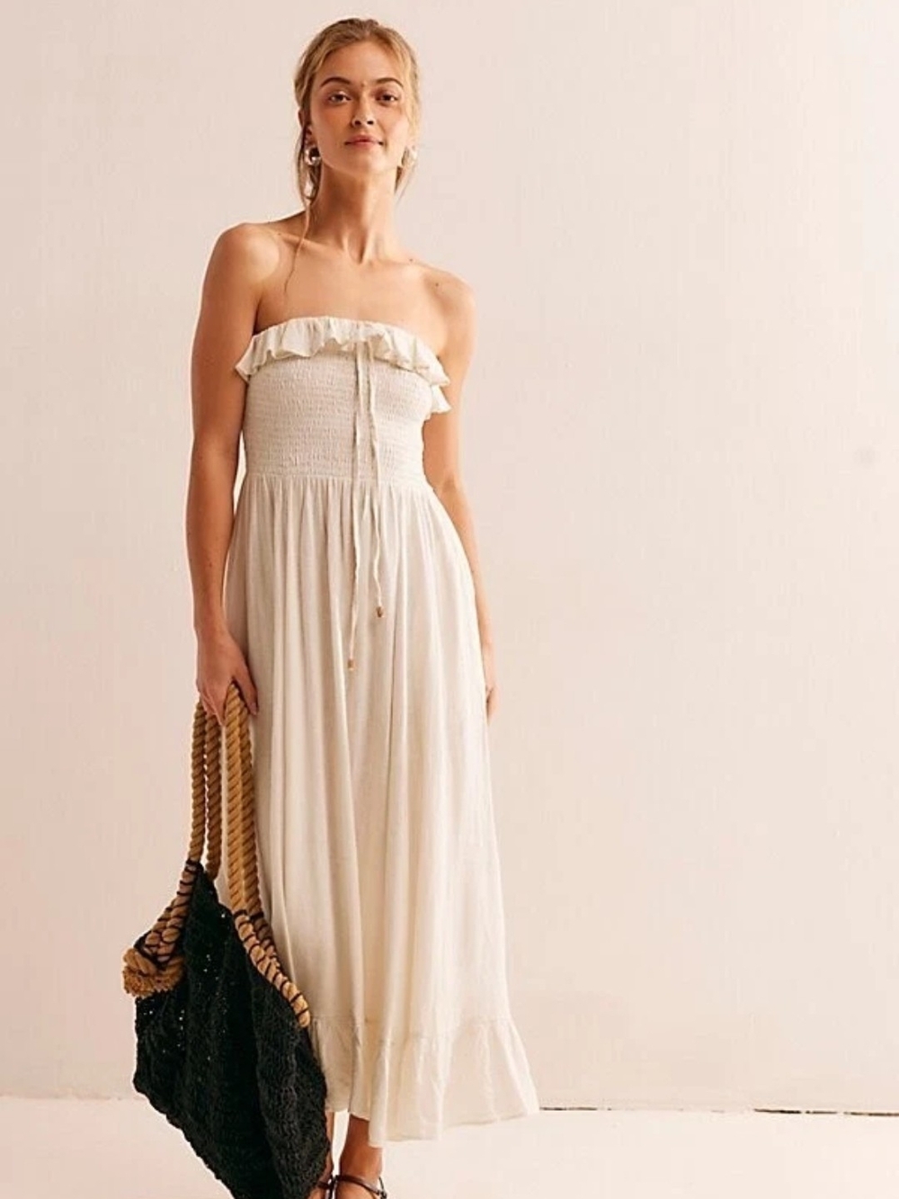 Free People Lush Life Linen Strapless Midi Dress Smocked Ivory Ruffle Small S